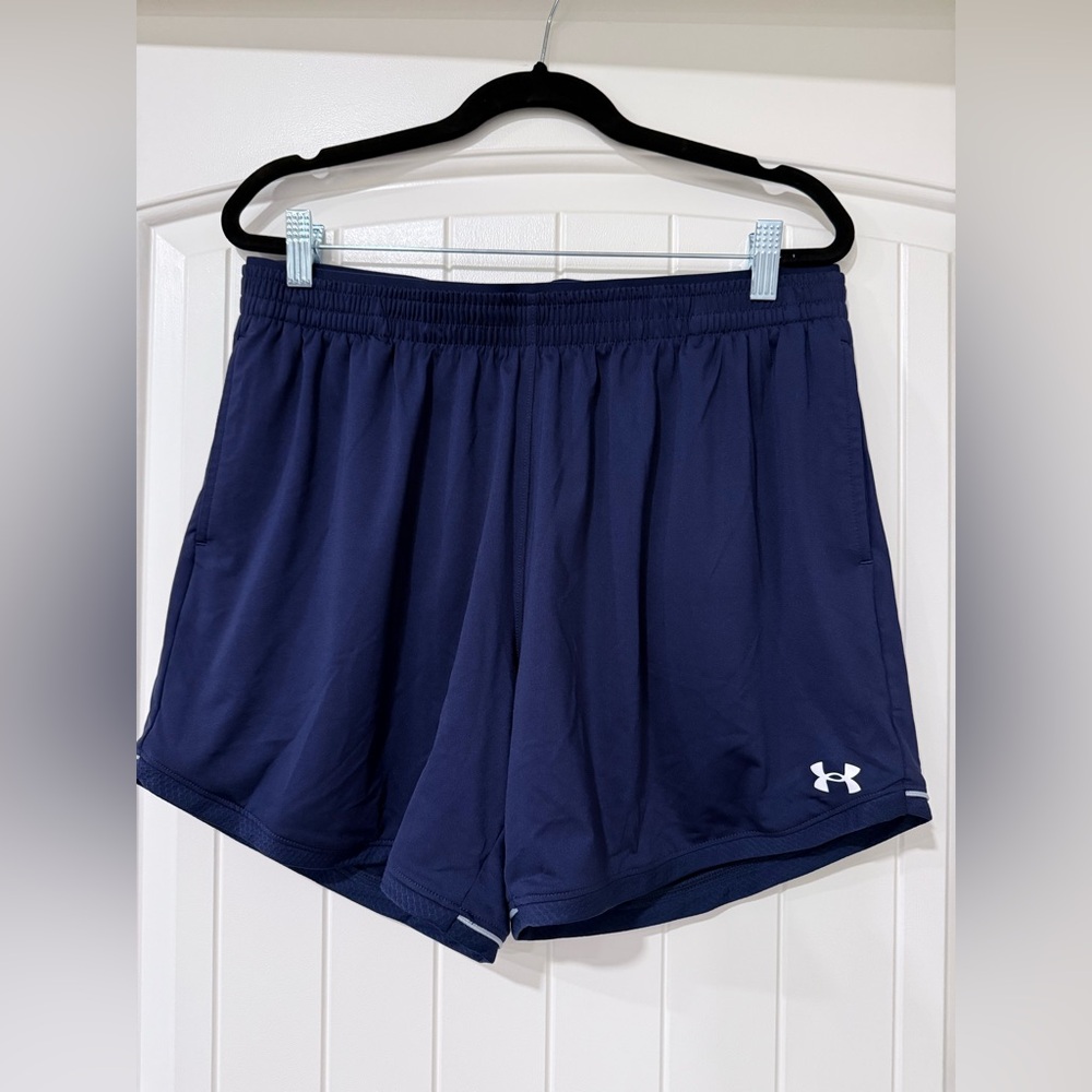 Under Armour Women's Navy Athletic Shorts with white detail, size large